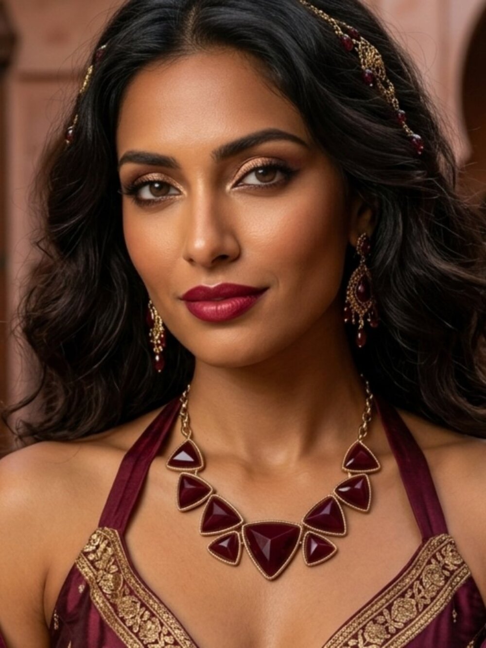 Burgundy Red & Gold Geometric Triangular Choker Necklace - Picture 2 of 5